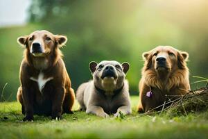 Tres marrón perros sentado en el césped. generado por ai foto