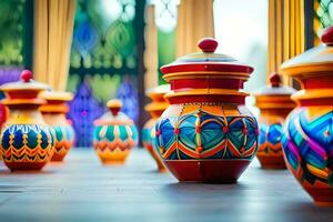 colorful vases are lined up on a wooden floor. AI-Generated photo