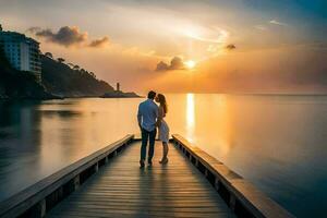 un Pareja en pie en un muelle a puesta de sol. generado por ai foto