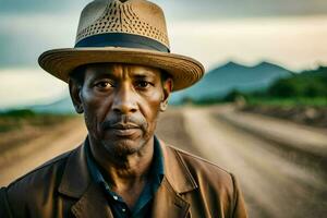 a man wearing a hat and jacket standing on a dirt road. AI-Generated photo