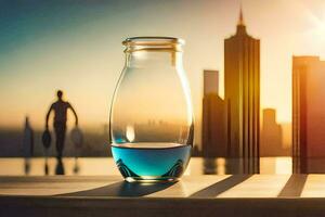 a bottle of water sitting on a table with a city skyline in the background. AI-Generated photo