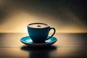 a cup of coffee on a table with a blurry background. AI-Generated photo