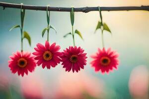 three pink flowers hanging from a branch. AI-Generated photo