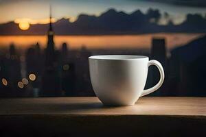 coffee cup on a table with cityscape in background. AI-Generated photo