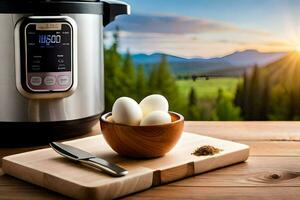 instant pot with eggs and a bowl on a table. AI-Generated photo