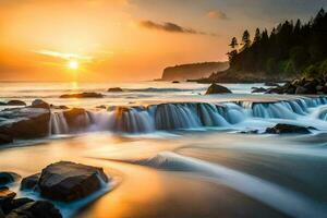 the sun sets over a rocky beach with water flowing over rocks. AI-Generated photo