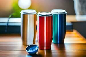 three different colored stainless steel tumblers on a table. AI-Generated photo