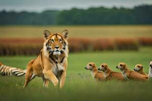 a tiger and her cubs walking through a field. AI-Generated photo