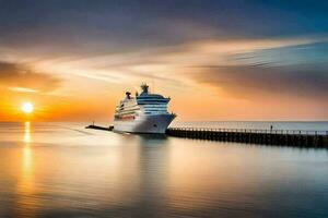 un crucero Embarcacion en el Oceano a puesta de sol. generado por ai foto