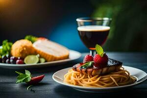 a plate of spaghetti with meat and berries on a table. AI-Generated photo