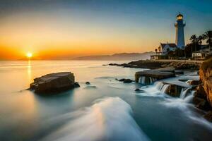 the sun sets over a lighthouse and waves crashing into the rocks. AI-Generated photo