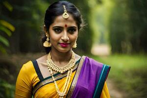 beautiful indian woman in yellow sari and gold jewelry. AI-Generated photo