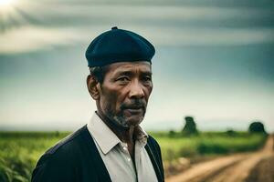 an old man standing in the middle of a dirt road. AI-Generated photo