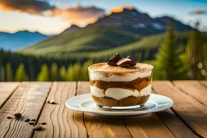 a dessert in a glass on a wooden table in the mountains. AI-Generated photo