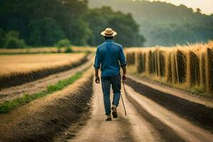 un hombre caminando abajo un suciedad la carretera en un campo. generado por ai foto