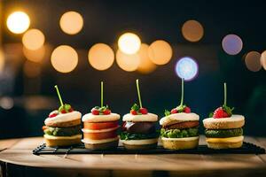 small sandwiches with strawberries and cream on a wooden table. AI-Generated photo