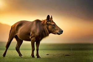 a brown horse standing in the middle of a field. AI-Generated photo