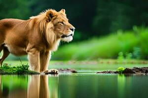 a lion standing in the water with grass and trees in the background. AI-Generated photo