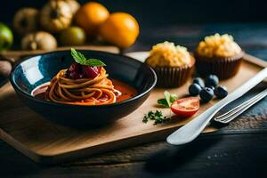 spaghetti with tomato sauce and fresh vegetables on a wooden table. AI-Generated photo