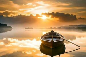 un barco es flotante en el calma agua a puesta de sol. generado por ai foto