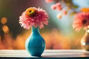 a blue vase with pink flowers sitting on a table. AI-Generated photo