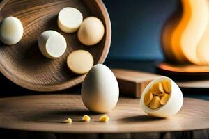 a white egg is sitting on a wooden table. AI-Generated photo