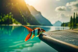 photo wallpaper the sky, water, mountains, fish, lake, the sun, the mountains,. AI-Generated