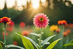 a pink flower is in the middle of a field. AI-Generated photo