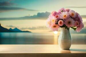 a vase with pink flowers on a table in front of the ocean. AI-Generated photo