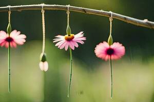 three pink flowers hanging from a branch. AI-Generated photo