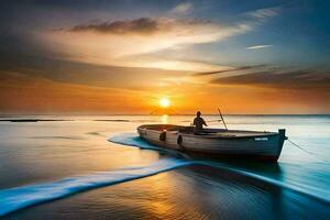 a man is sitting in a boat on the beach at sunset. AI-Generated photo