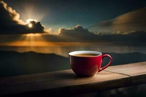 un taza de café en un balcón con vista a el mar. generado por ai foto