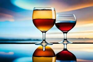 two glasses of wine are reflected in the water. AI-Generated photo