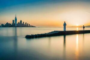 two people stand on a pier looking at the city skyline. AI-Generated photo