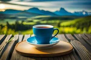 a cup of tea on a wooden table in the mountains. AI-Generated photo