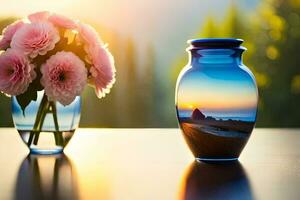 two vases with pink flowers sitting on a table. AI-Generated photo