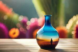 a blue vase with a man in the reflection. AI-Generated photo