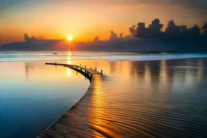 a long wooden pier stretches out into the ocean at sunset. AI-Generated photo