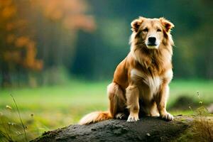 a golden retriever sitting on top of a rock in the grass. AI-Generated photo