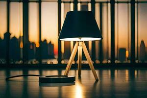 a lamp on a wooden table in front of a city skyline. AI-Generated photo