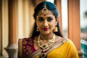 un hermosa indio mujer vistiendo un amarillo sari y joyas. generado por ai foto