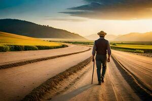 a man walking down a dirt road with a cane. AI-Generated photo