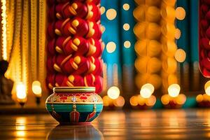 a colorful pot sitting on a table with candles in the background. AI-Generated photo