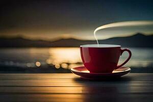 a cup of coffee on a wooden table with a view of the ocean. AI-Generated photo
