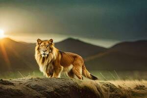 the lion is standing on a rock in the middle of a field. AI-Generated photo