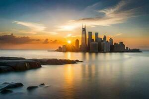 the sun rises over the city skyline in this photo. AI-Generated photo