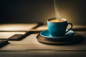 a cup of coffee on a wooden table. AI-Generated photo