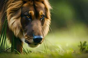 a lion is walking through the grass. AI-Generated photo