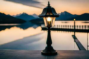 a lamp post on the edge of a lake at sunset. AI-Generated photo