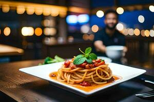 a man is sitting at a table with a plate of spaghetti. AI-Generated photo